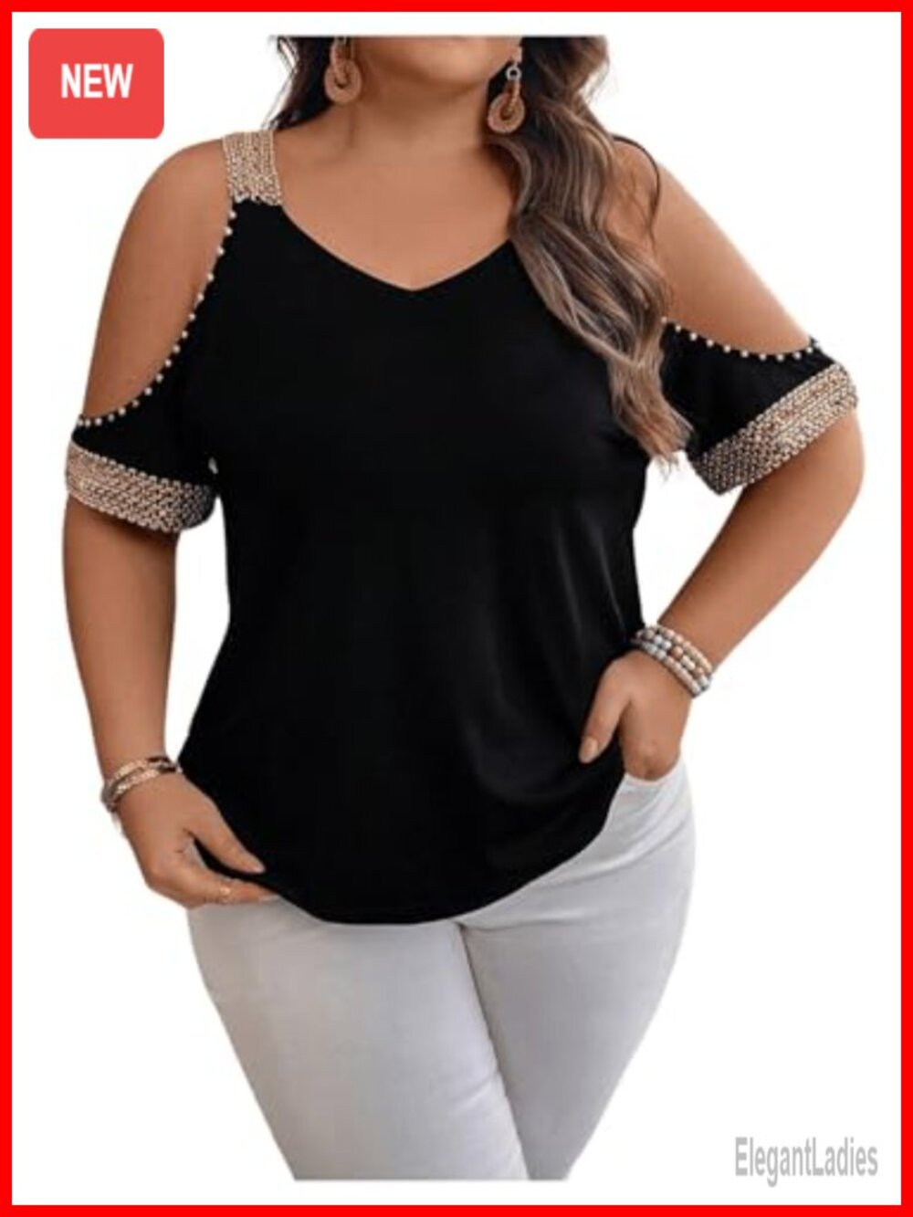 Women's Plus Size Sequin Cold Shoulder V-Neck Short Sleeve T-Shirt